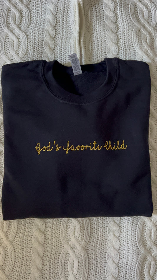 Gods Favorite Child cursive embroidery sweater